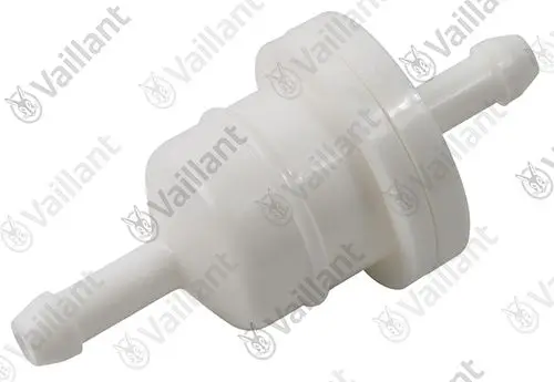 Weißer Vaillant Filter mit zwei Anschlussstutzen. Das Produkt ist für die Kondensatbehandlung ausgelegt.